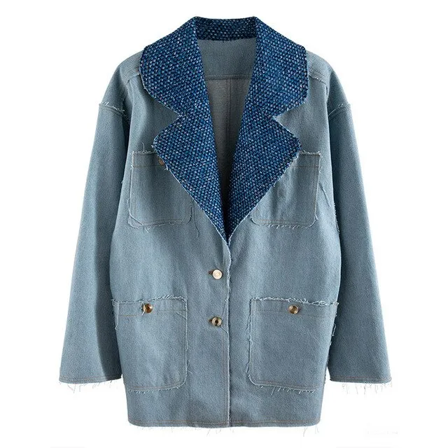 Notched Long Sleeve Button Patchwork Tassel Loose Oversized Coats