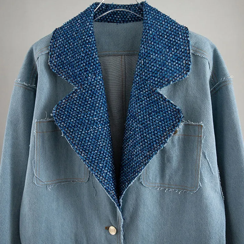 Notched Long Sleeve Button Patchwork Tassel Loose Oversized Coats