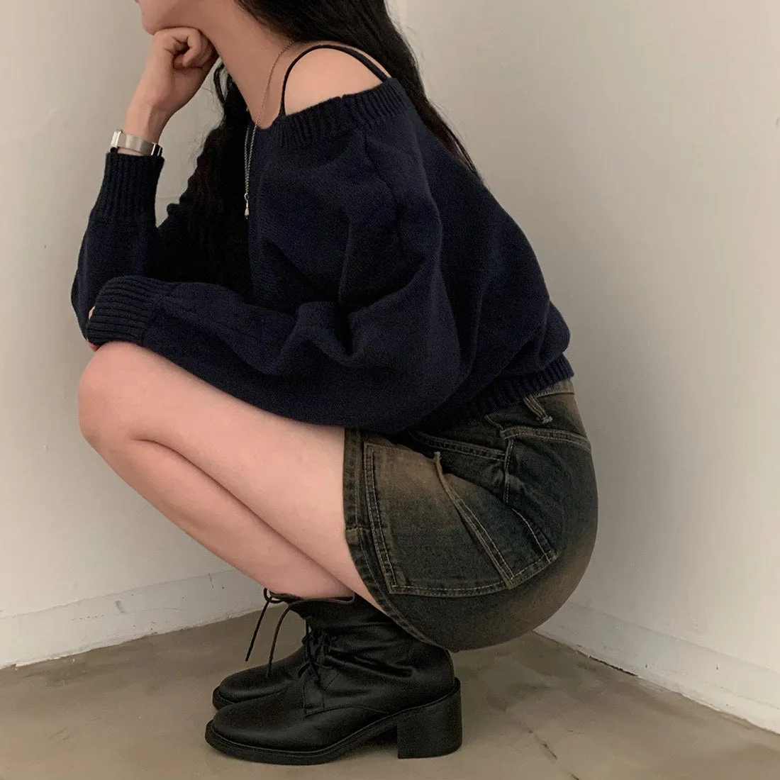 Open-Shoulder Sling Sleeve Sweater
