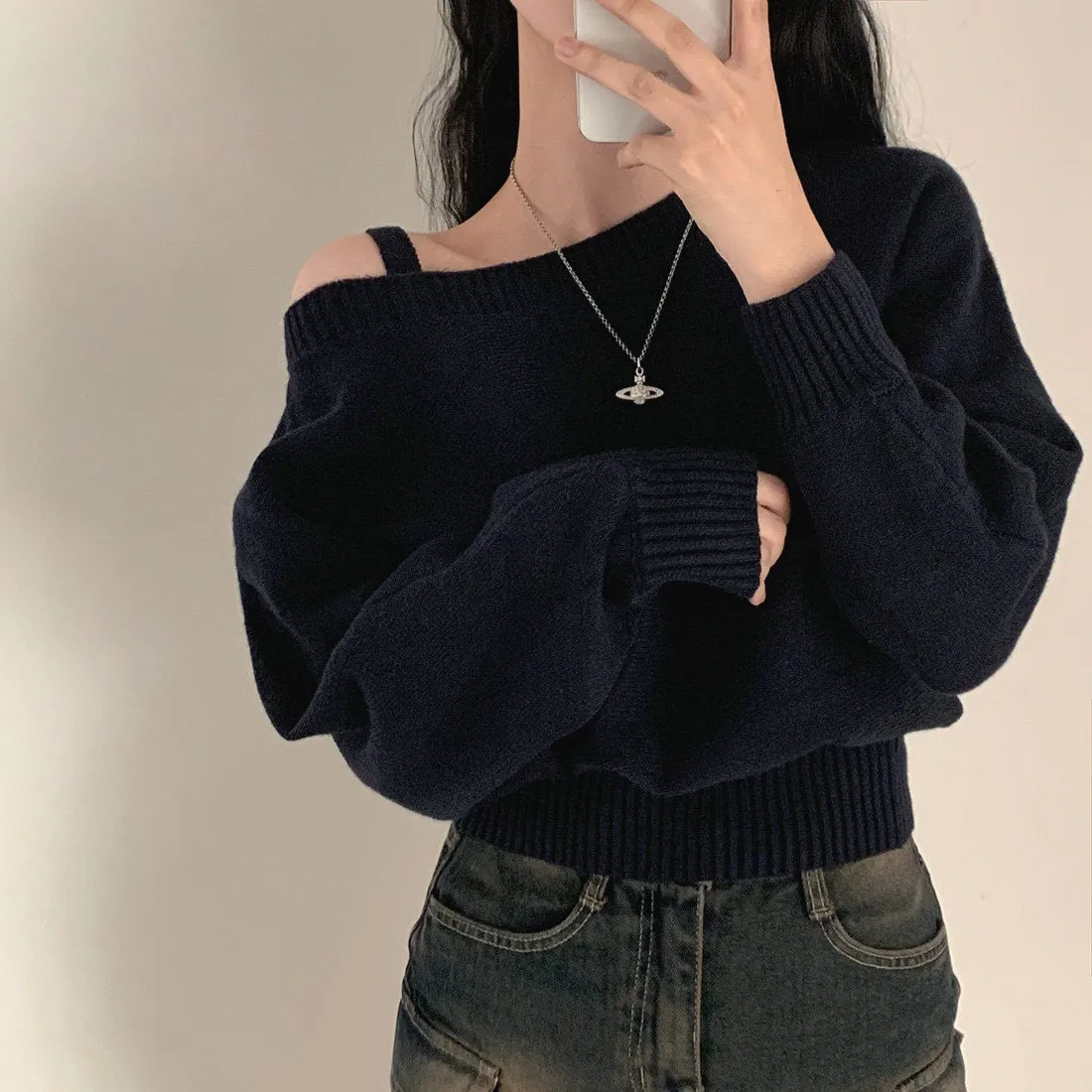Open-Shoulder Sling Sleeve Sweater