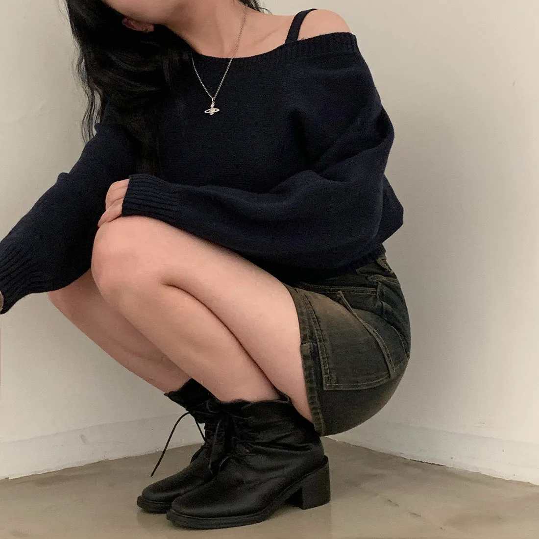 Open-Shoulder Sling Sleeve Sweater