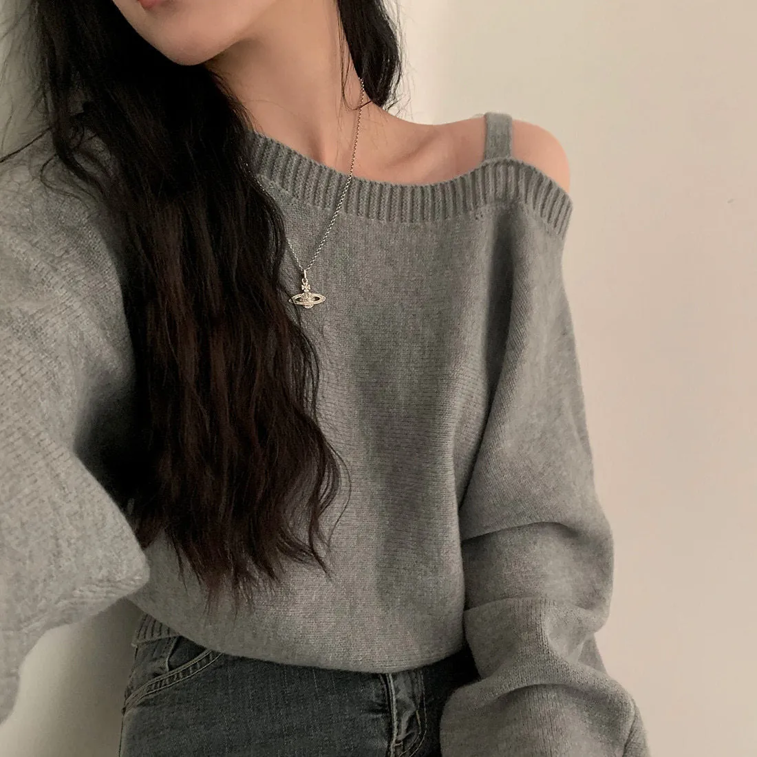 Open-Shoulder Sling Sleeve Sweater