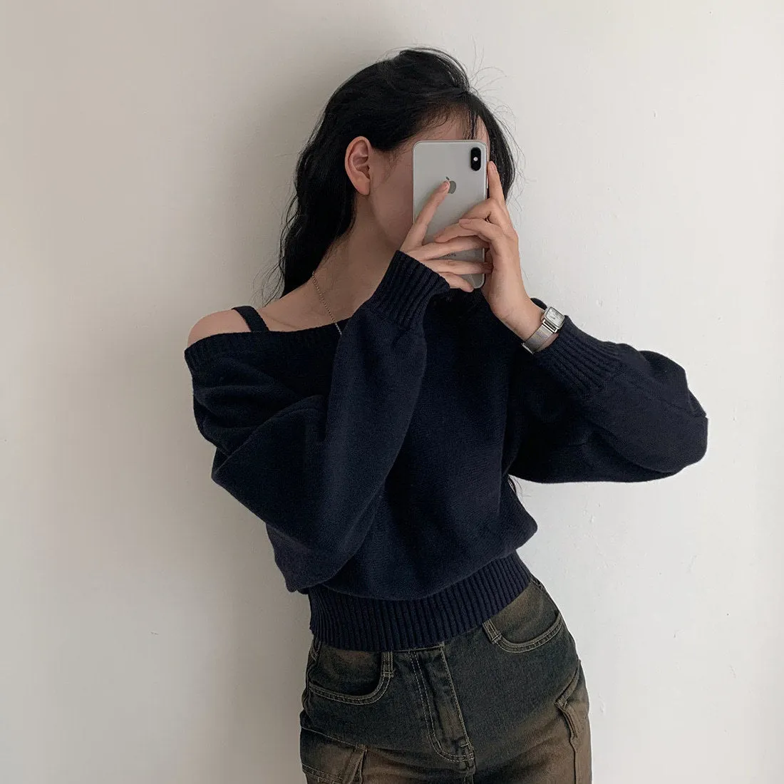 Open-Shoulder Sling Sleeve Sweater