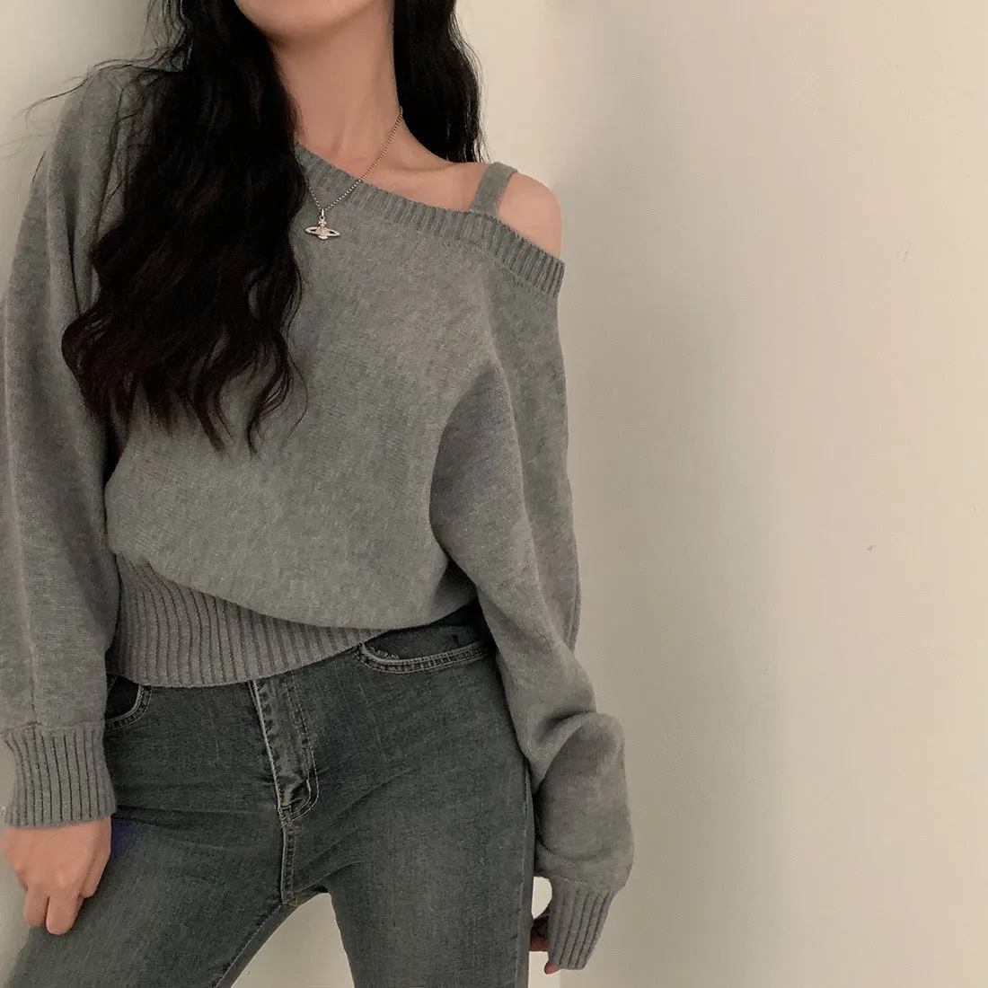 Open-Shoulder Sling Sleeve Sweater