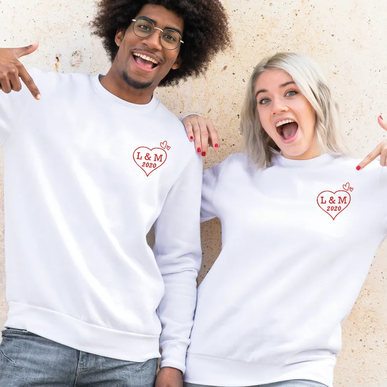 Personalised Matching Couple Heart with Initials and Year Sweatshirts
