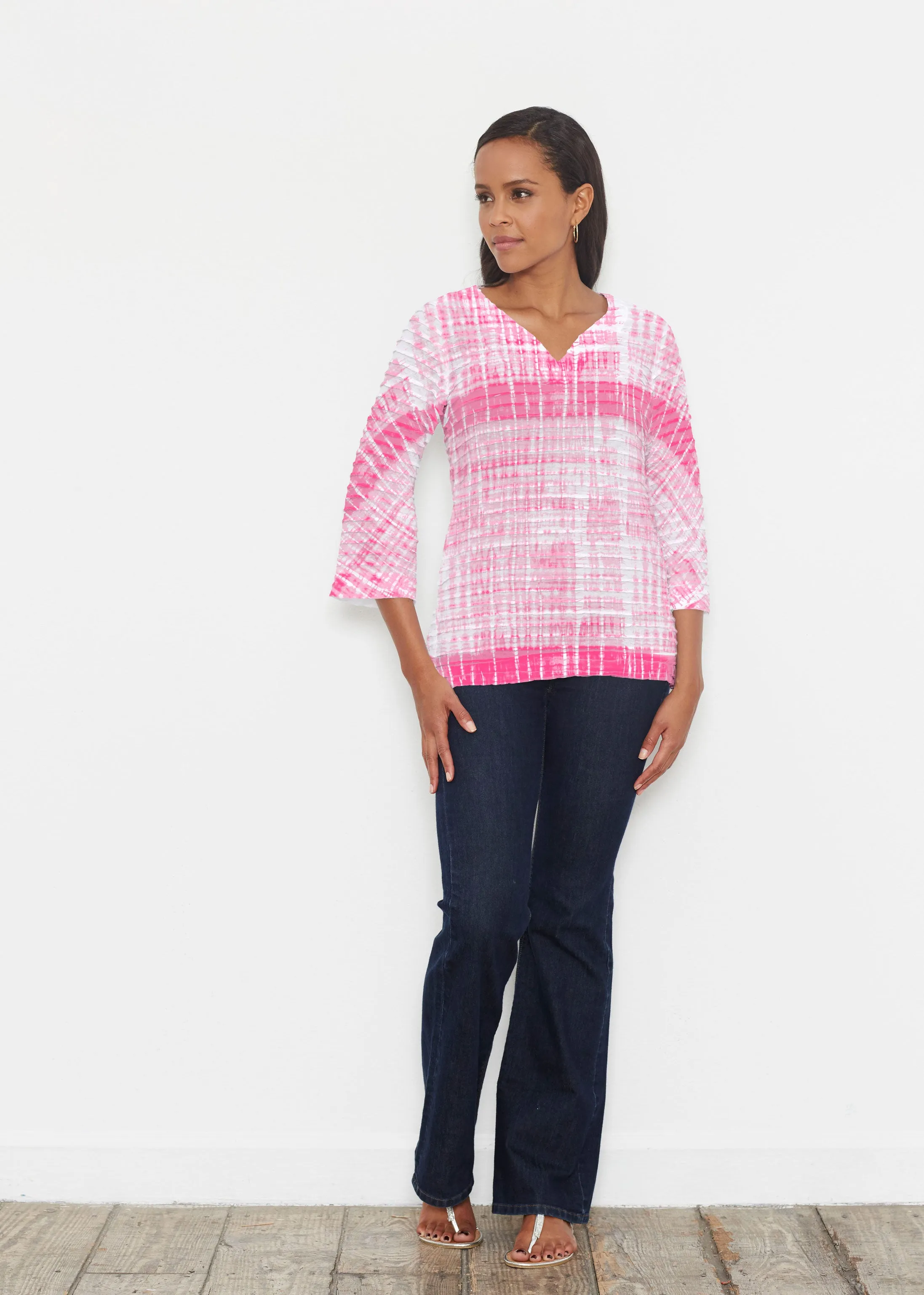 Pink Tie Dye (14254) ~ Banded 3/4 Bell-Sleeve V-Neck Tunic