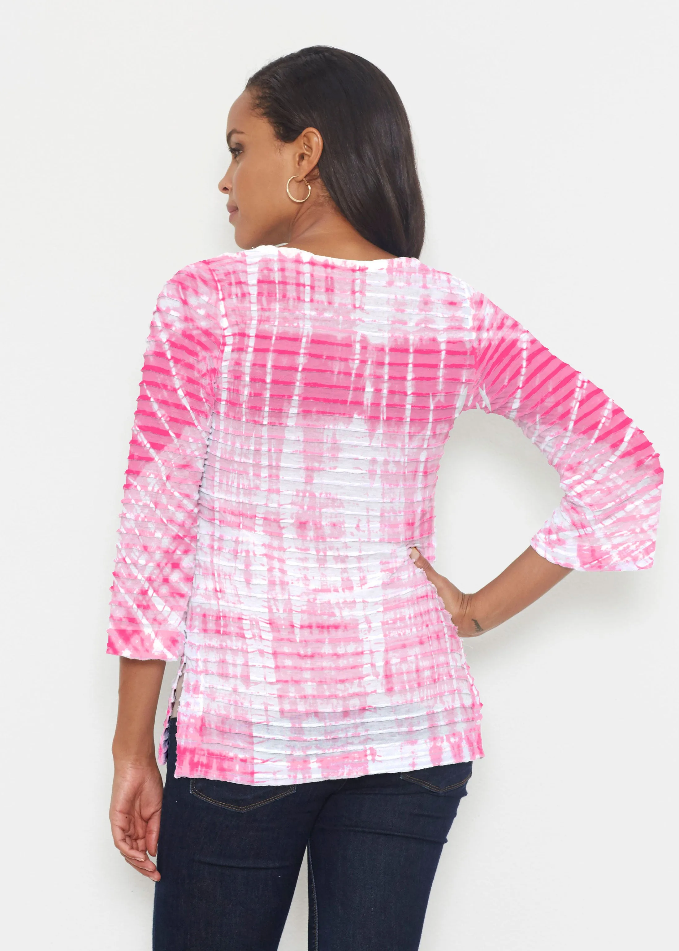 Pink Tie Dye (14254) ~ Banded 3/4 Bell-Sleeve V-Neck Tunic