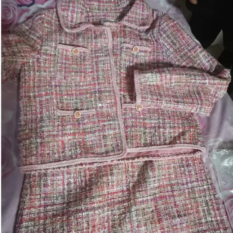Pink Tweed Female Coat For Women Suits Skirt  Elegant