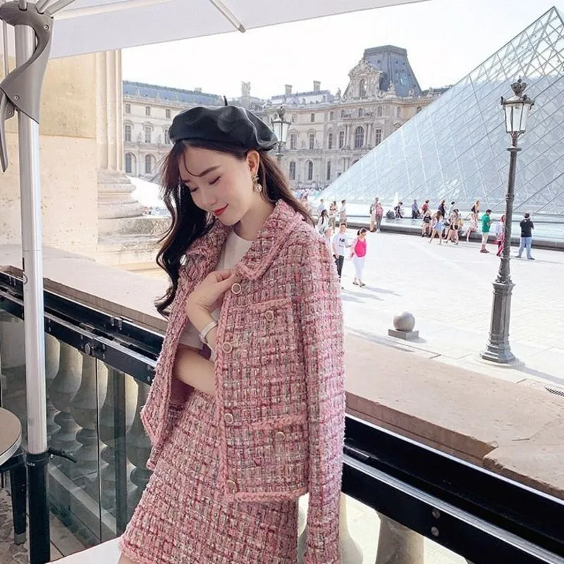 Pink Tweed Female Coat For Women Suits Skirt  Elegant
