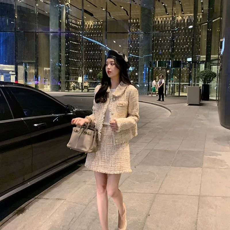 Pink Tweed Female Coat For Women Suits Skirt  Elegant