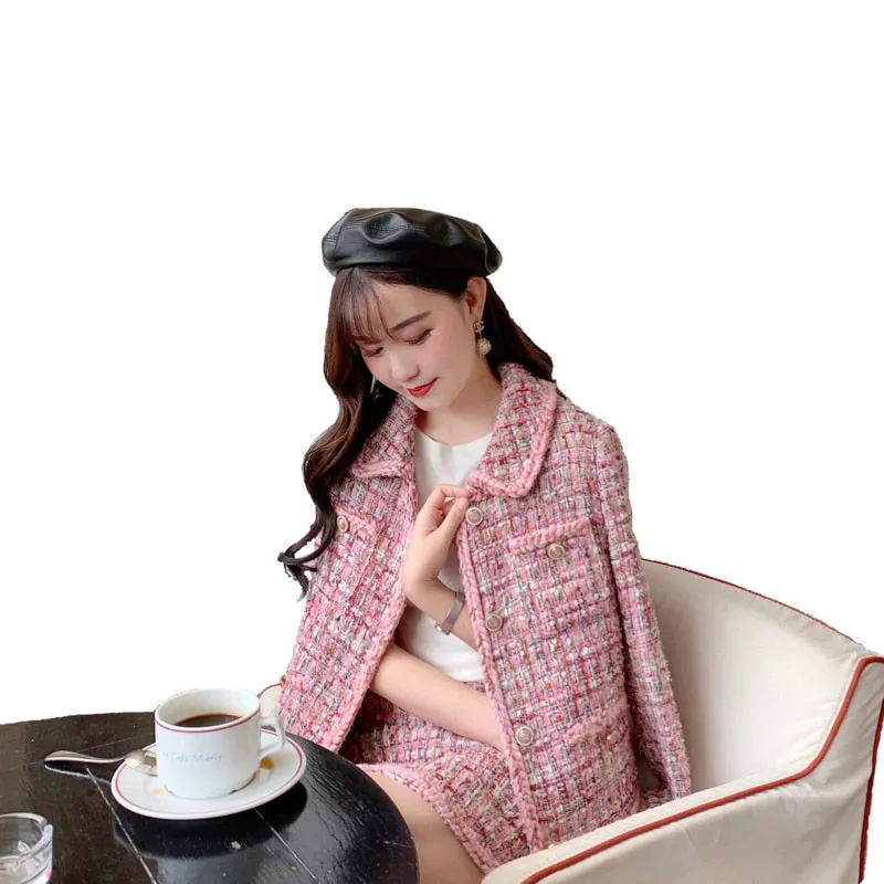 Pink Tweed Female Coat For Women Suits Skirt  Elegant