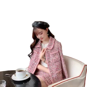 Pink Tweed Female Coat For Women Suits Skirt  Elegant