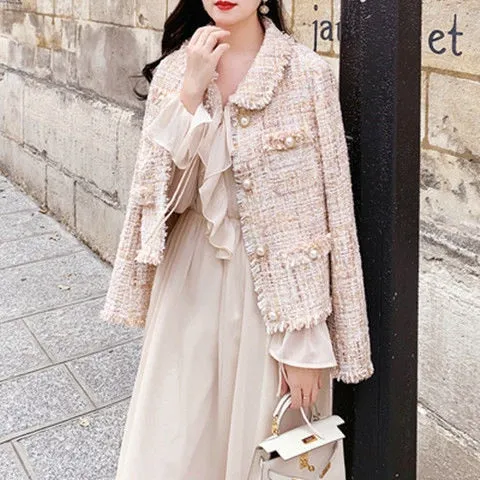 Pink Tweed Female Coat For Women Suits Skirt  Elegant