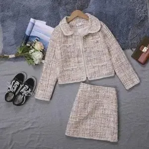 Pink Tweed Female Coat For Women Suits Skirt  Elegant