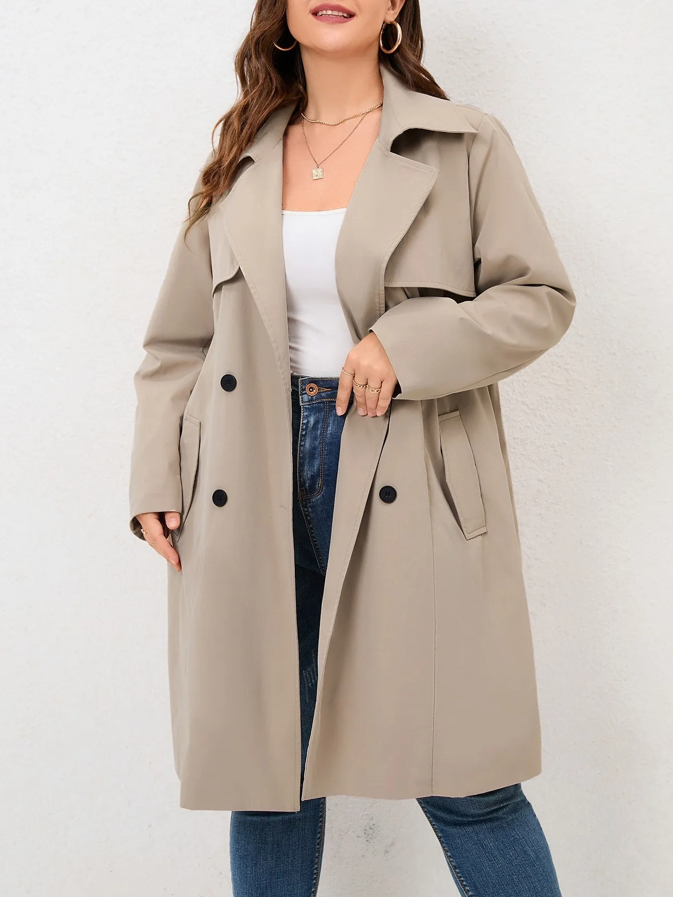 Plus Size Double-Breasted Belted Trench Coat – Chic Layering Essential