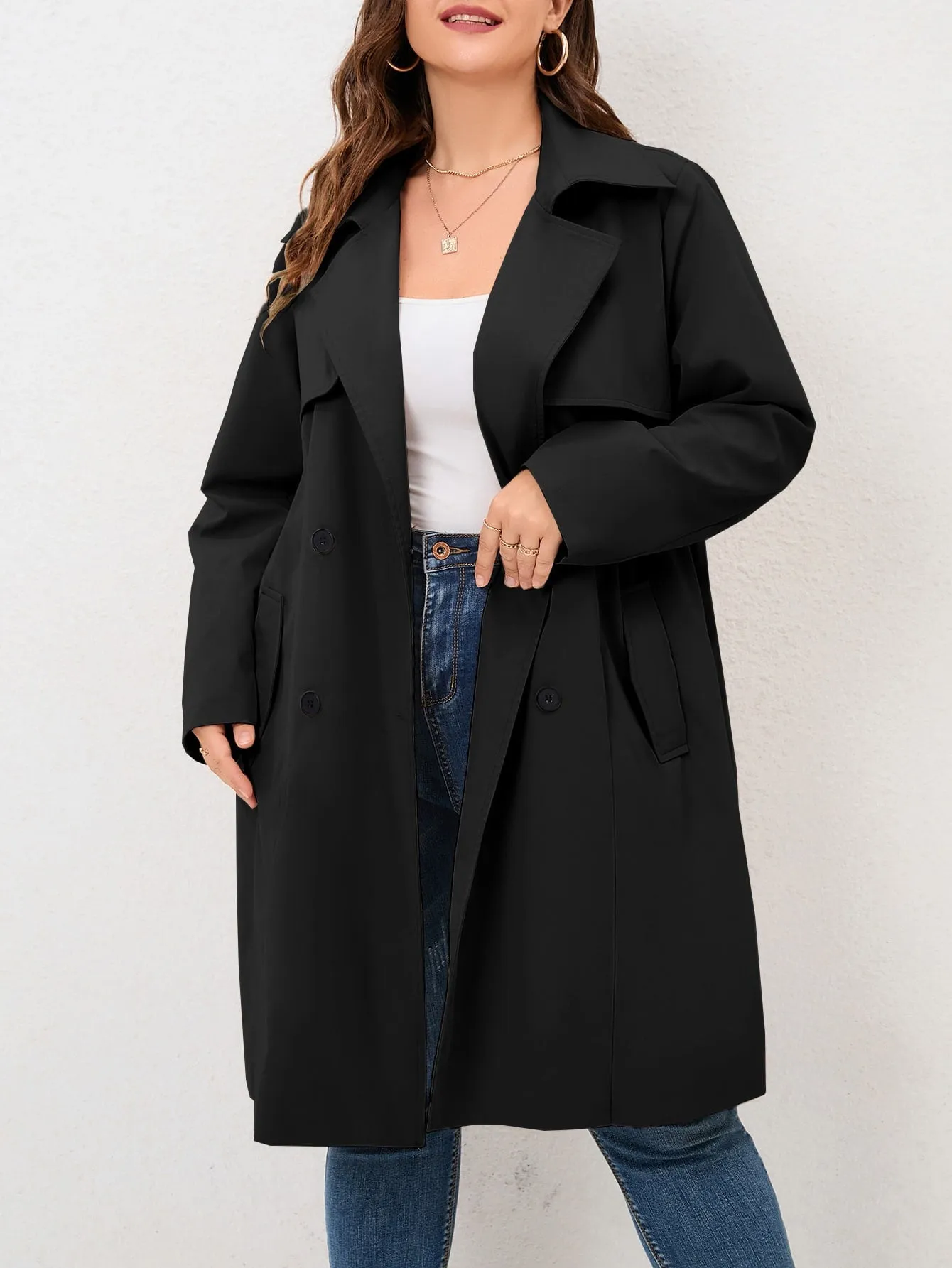 Plus Size Double-Breasted Belted Trench Coat – Chic Layering Essential