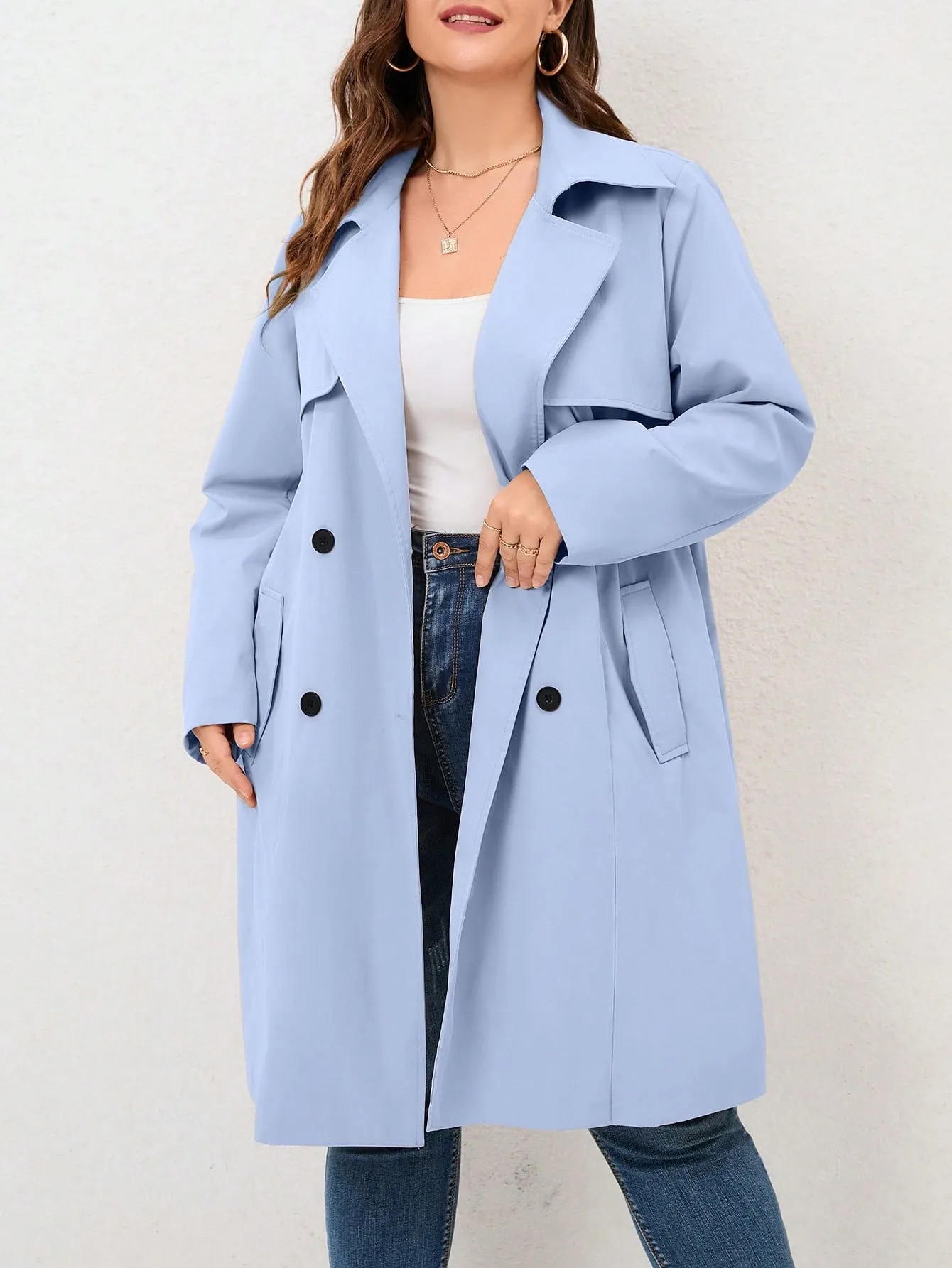 Plus Size Double-Breasted Belted Trench Coat – Chic Layering Essential