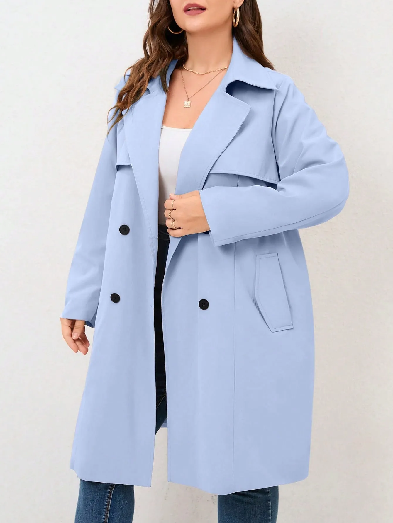 Plus Size Double-Breasted Belted Trench Coat – Chic Layering Essential