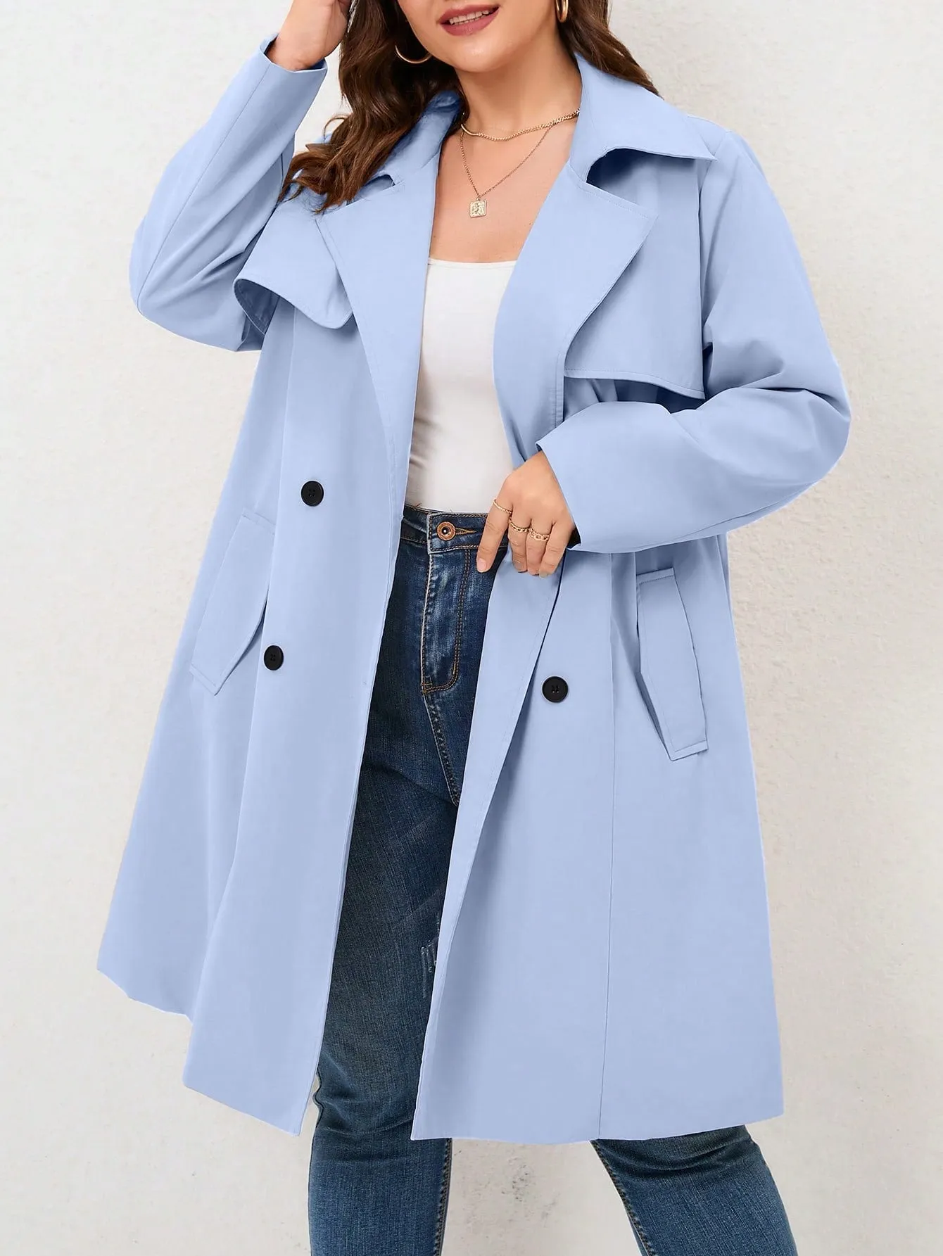 Plus Size Double-Breasted Belted Trench Coat – Chic Layering Essential