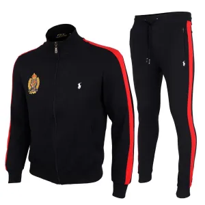PRL Zippered Cotton-Blend Fleece Black And Red Stripe Tracksuit