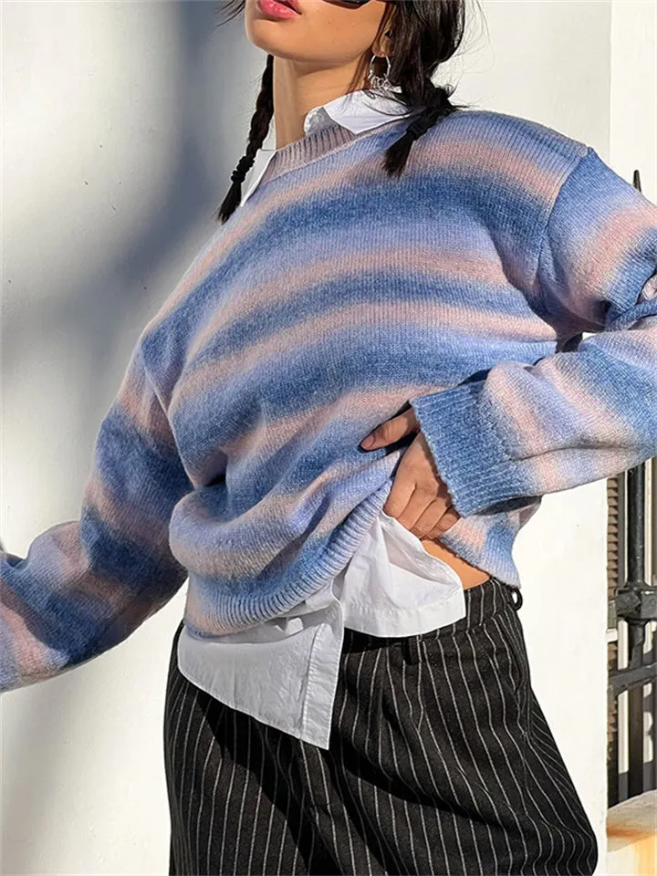 Rainbow Stripe Gradient Color Round Neck Long Sleeve Casual Jumper Sweater