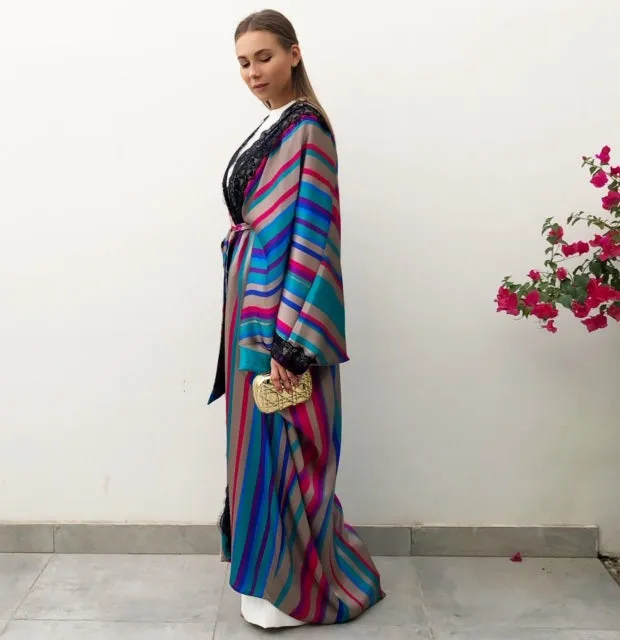 RAM19  Striped Silk Mix Caftan Abaya with French Lace