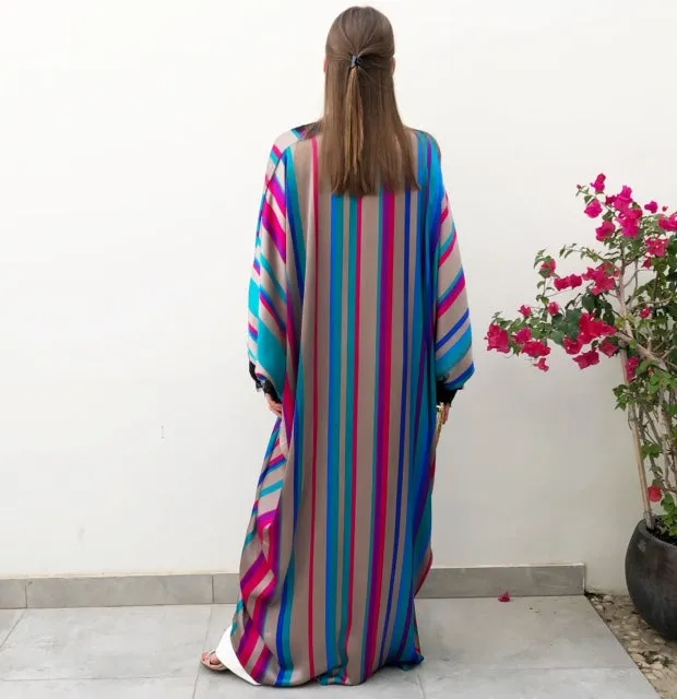 RAM19  Striped Silk Mix Caftan Abaya with French Lace