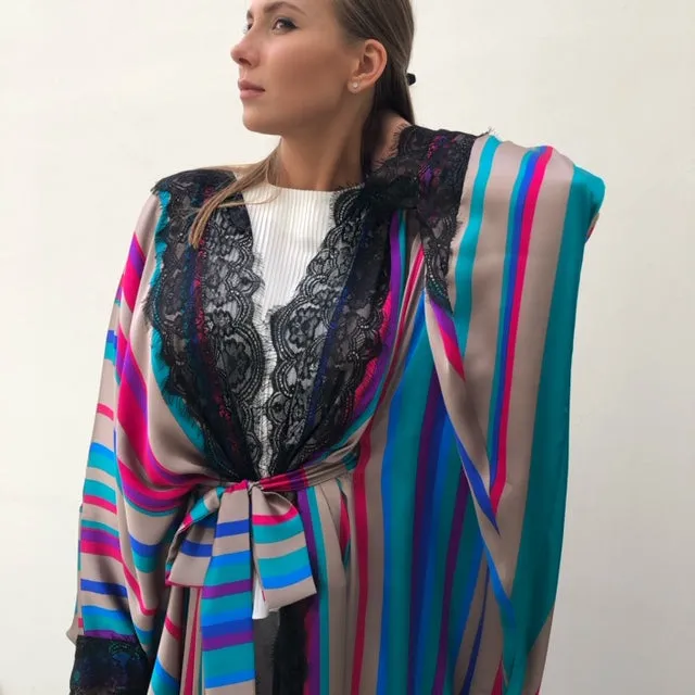 RAM19  Striped Silk Mix Caftan Abaya with French Lace