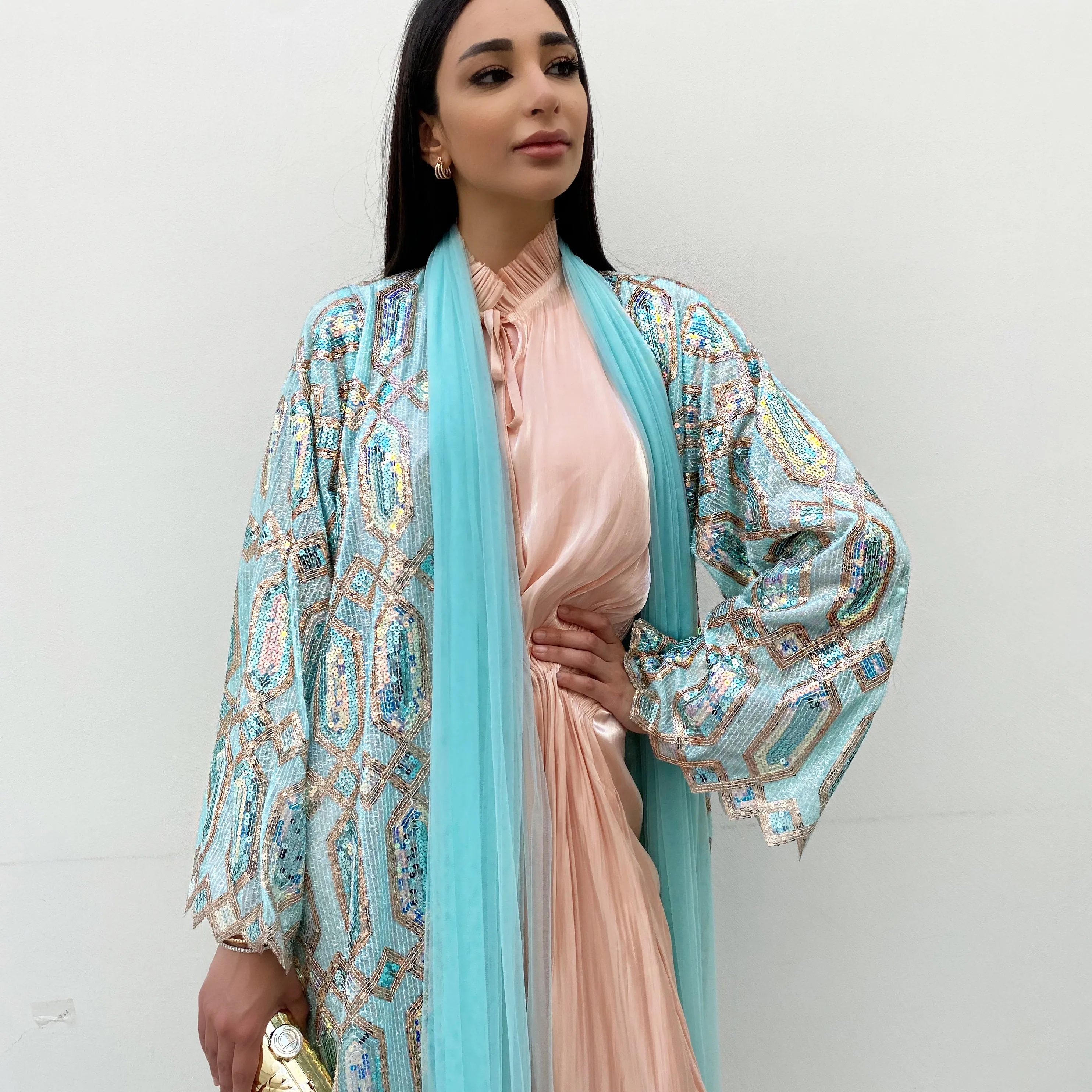 RAM20 SKY BLUE ROSE GOLD SEQUINS ABAYA WITH TULLE DETAILING