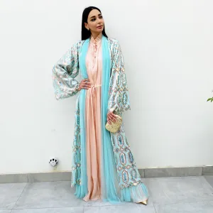 RAM20 SKY BLUE ROSE GOLD SEQUINS ABAYA WITH TULLE DETAILING