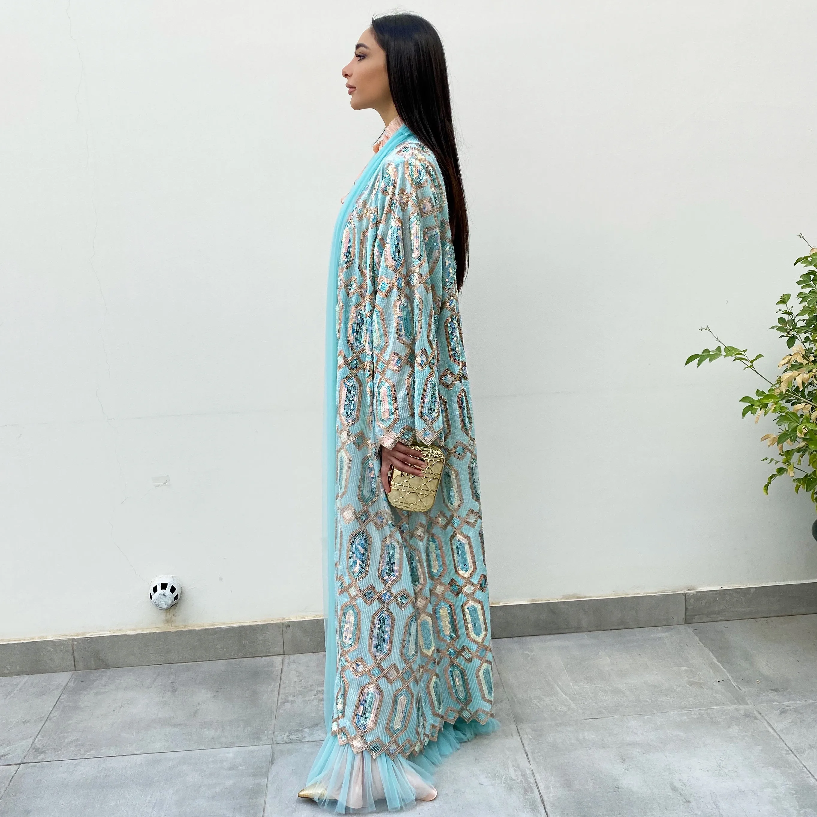 RAM20 SKY BLUE ROSE GOLD SEQUINS ABAYA WITH TULLE DETAILING