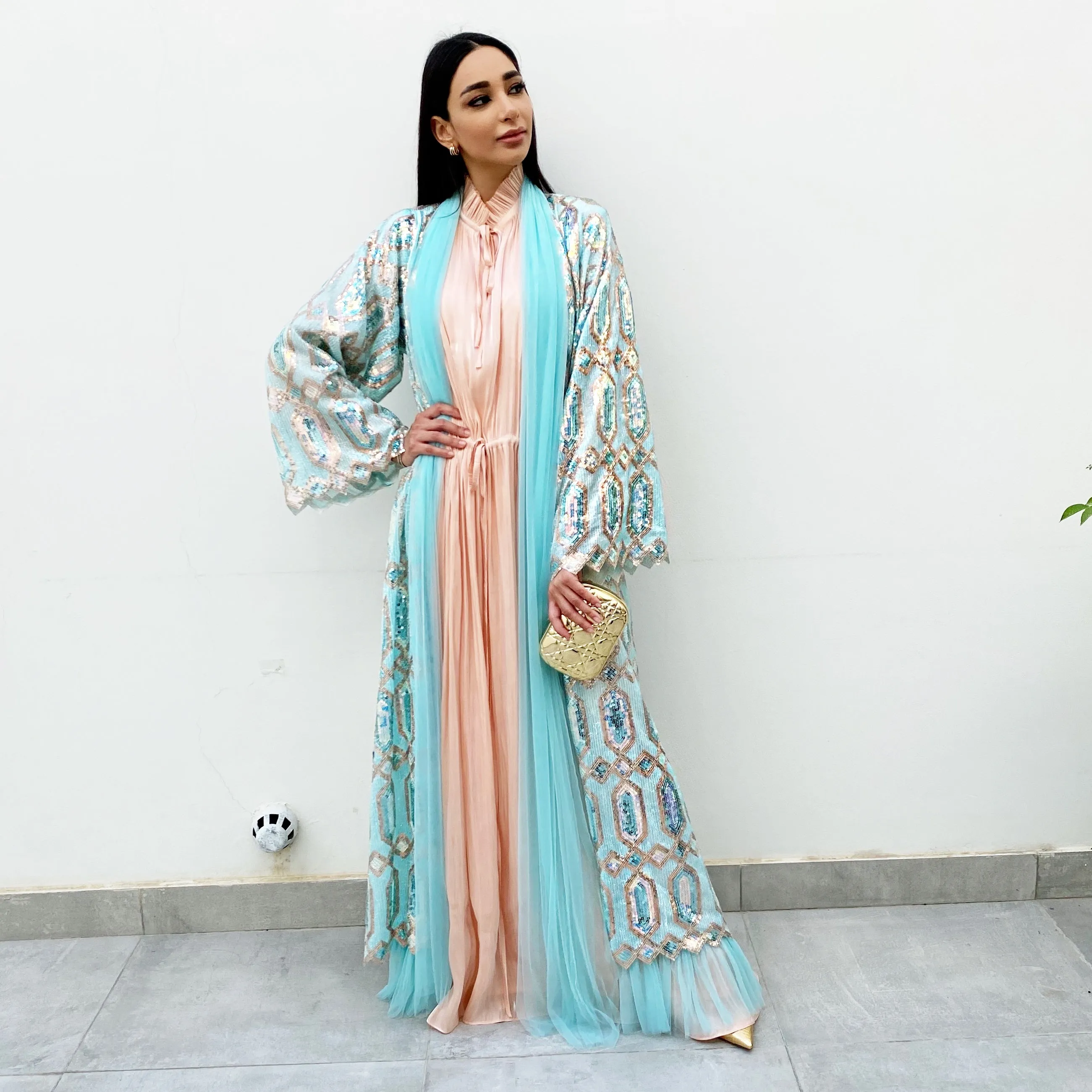RAM20 SKY BLUE ROSE GOLD SEQUINS ABAYA WITH TULLE DETAILING