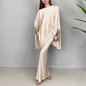 RAM23 KAMILLAH  BEIGE SILK SATIN FISHTAIL SKIRT SET