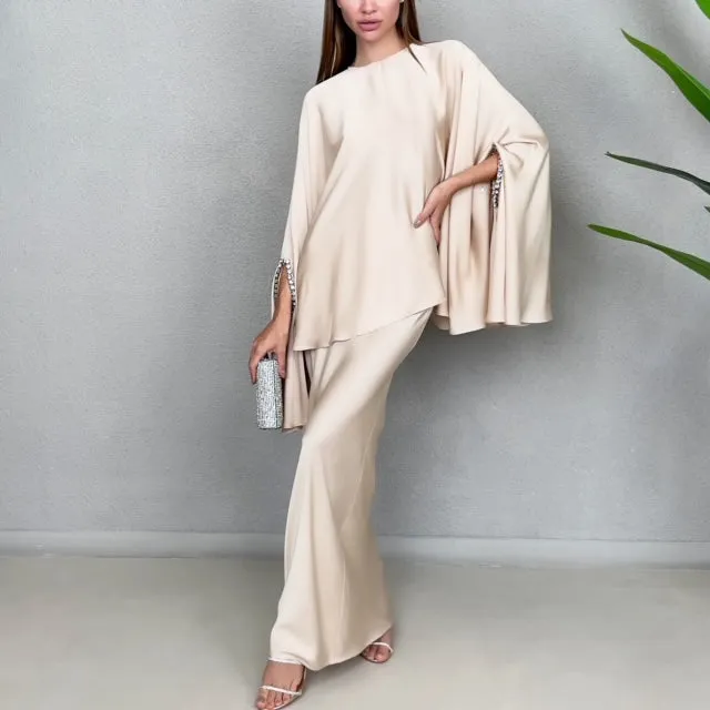 RAM23 KAMILLAH  BEIGE SILK SATIN FISHTAIL SKIRT SET