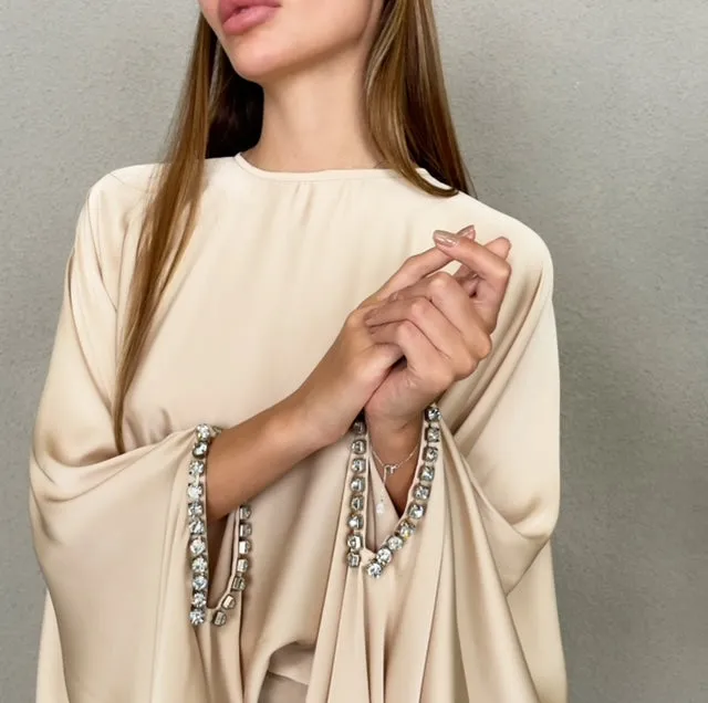 RAM23 KAMILLAH  BEIGE SILK SATIN FISHTAIL SKIRT SET