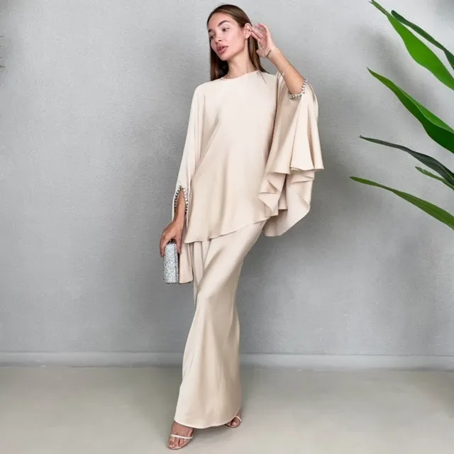 RAM23 KAMILLAH  BEIGE SILK SATIN FISHTAIL SKIRT SET