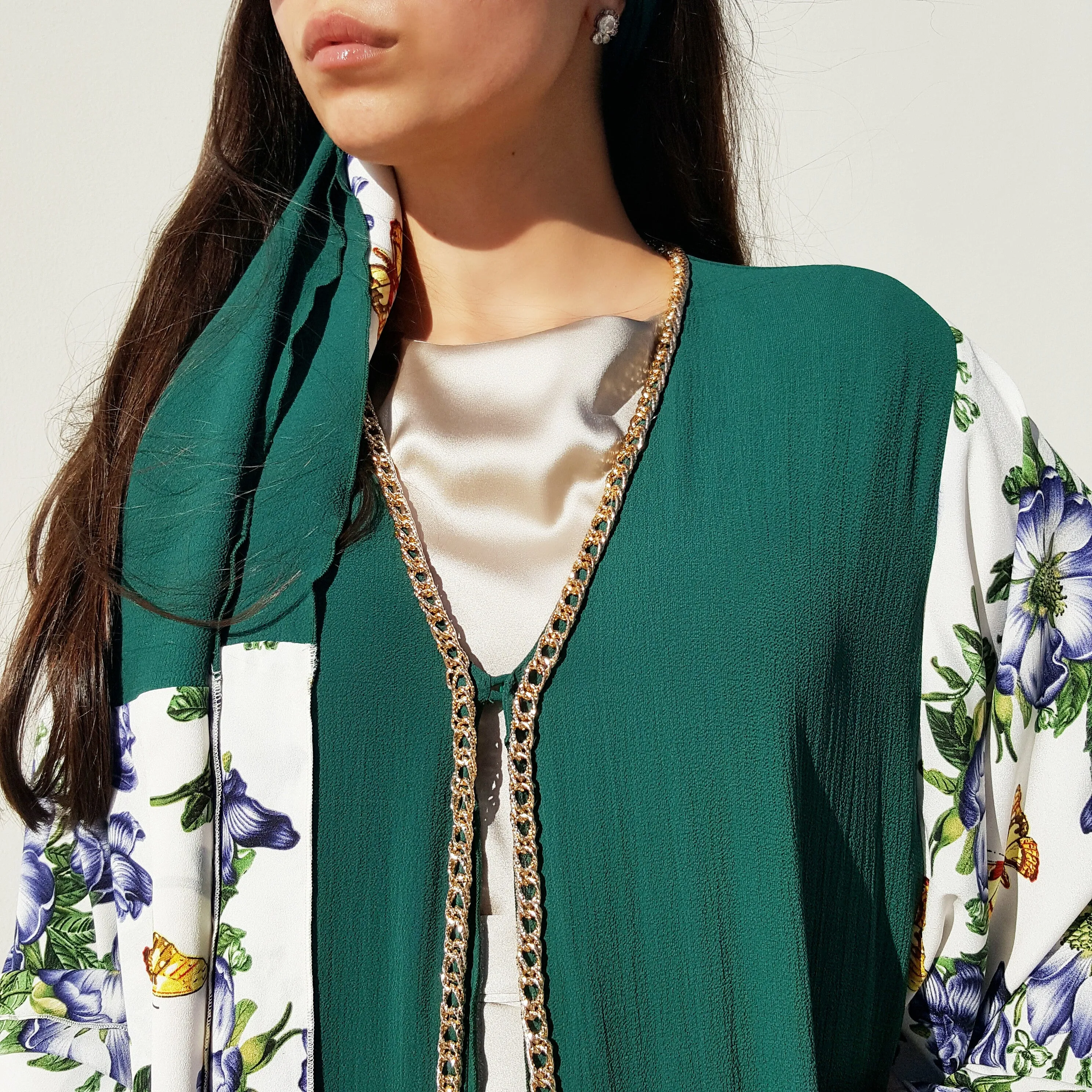 Ramadan 17 Emerald Green Floral Print Crepe Georgette  Double Layer Abaya