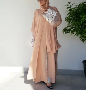 Ramadan 17 Nude Crepe Georgette With Lace Detailing Double Layer Abaya