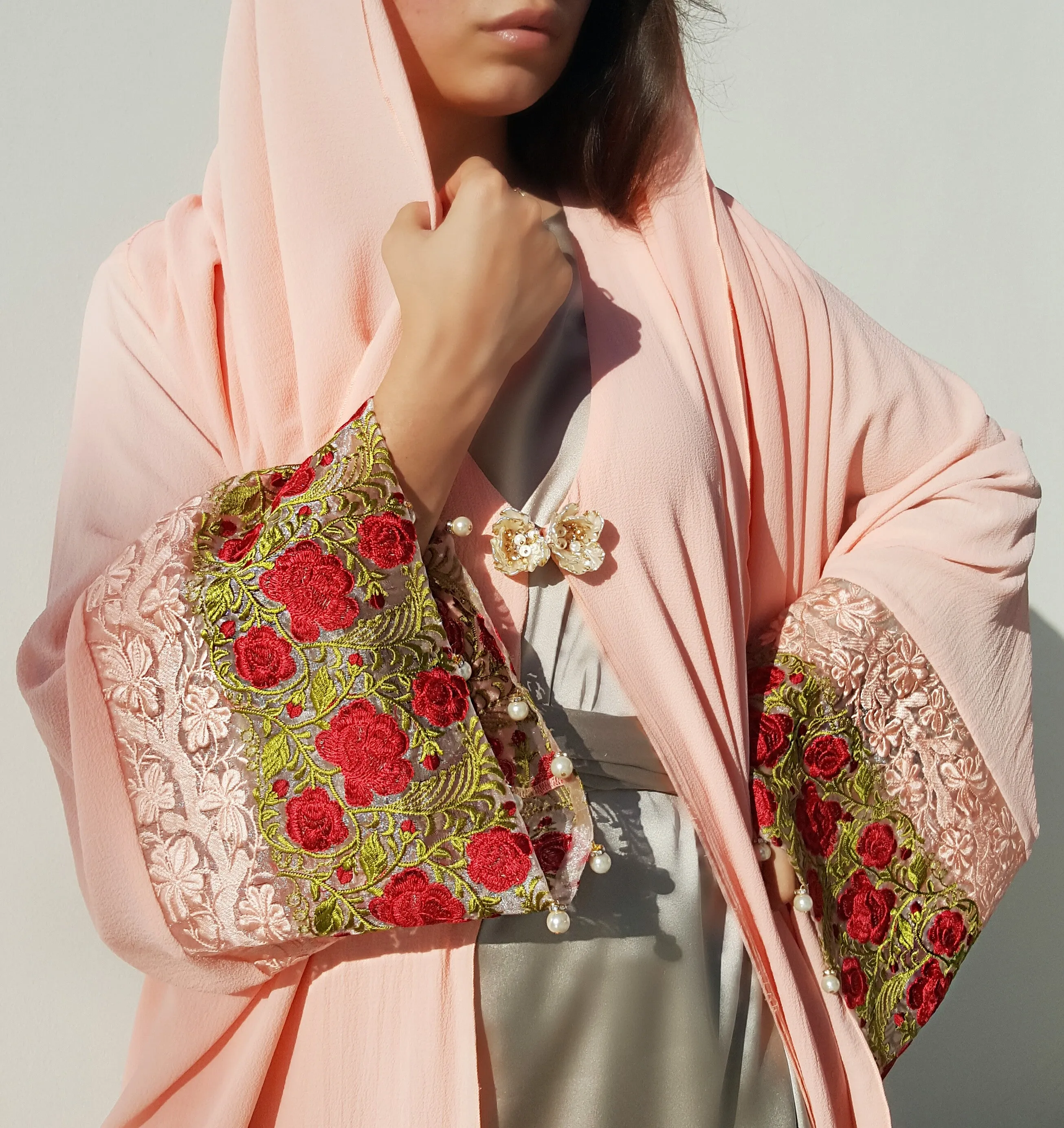 Ramadan 17 Salmon Pink Crepe Georgette Double Layer Abaya with Silk Embroidery