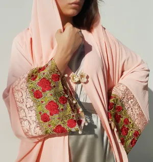 Ramadan 17 Salmon Pink Crepe Georgette Double Layer Abaya with Silk Embroidery