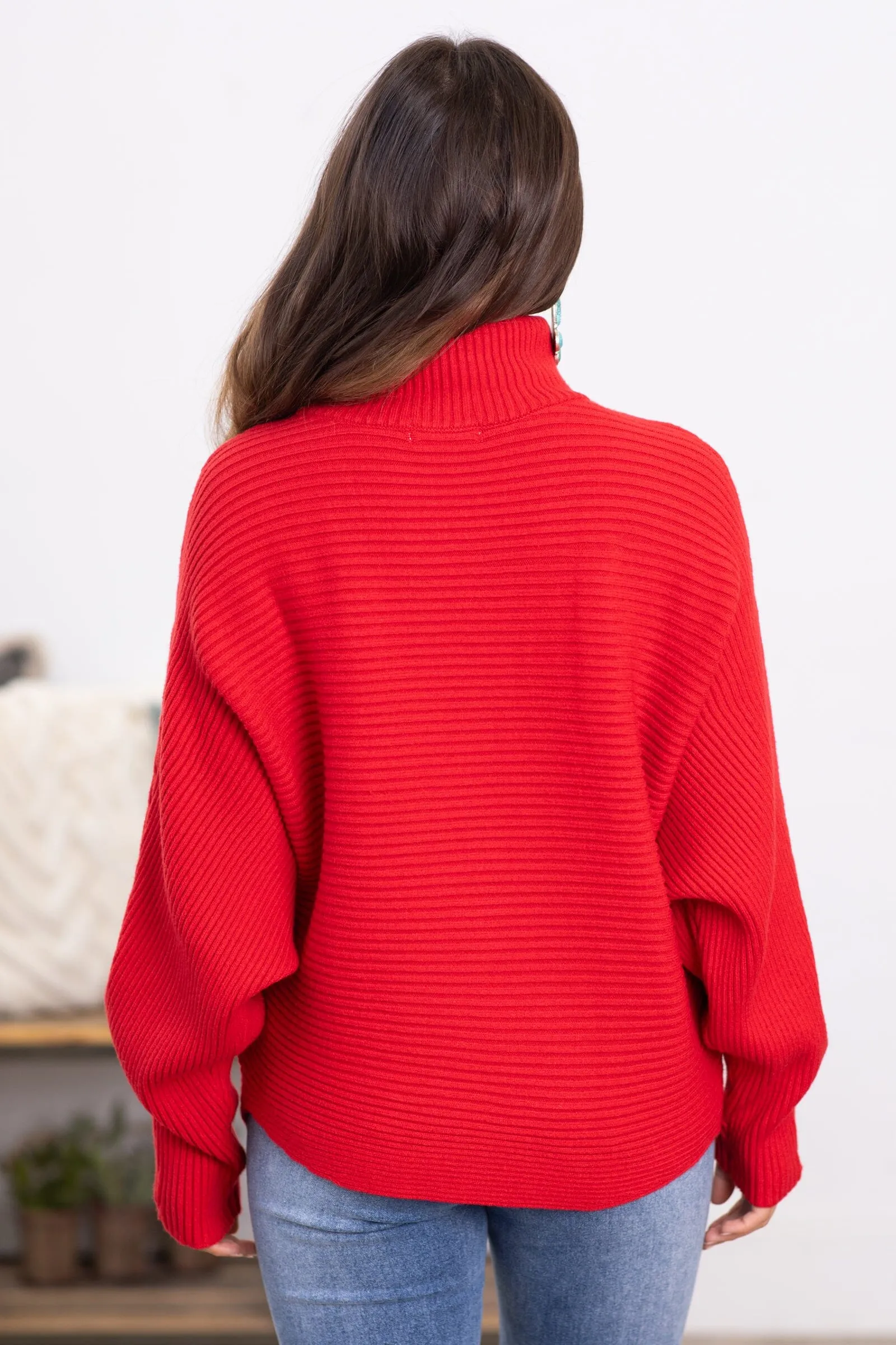 Red Horizontal Ribbed Turtleneck Sweater