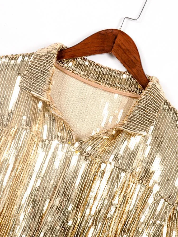 Retro Long-Sleeved Reflective Coat Sequin Glitter Tassels Women's Outerwear