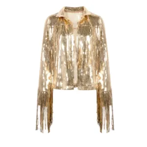Retro Long-Sleeved Reflective Coat Sequin Glitter Tassels Women's Outerwear