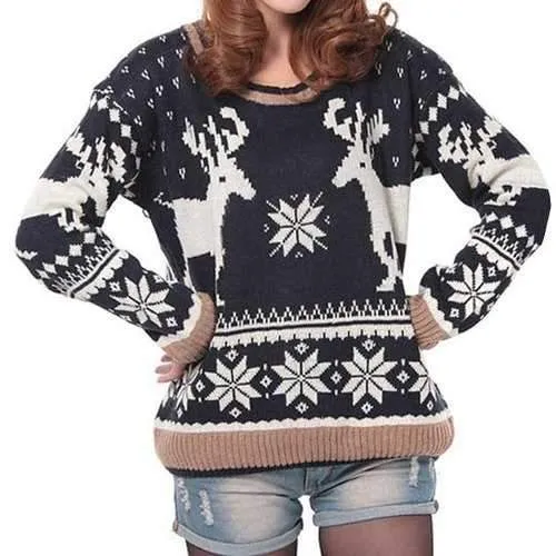 Retro Style Round Neck Long Sleeve Fawn Pattern Women's Sweater - Black One Size(fit Size Xs To M)
