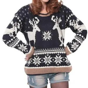 Retro Style Round Neck Long Sleeve Fawn Pattern Women's Sweater - Black One Size(fit Size Xs To M)