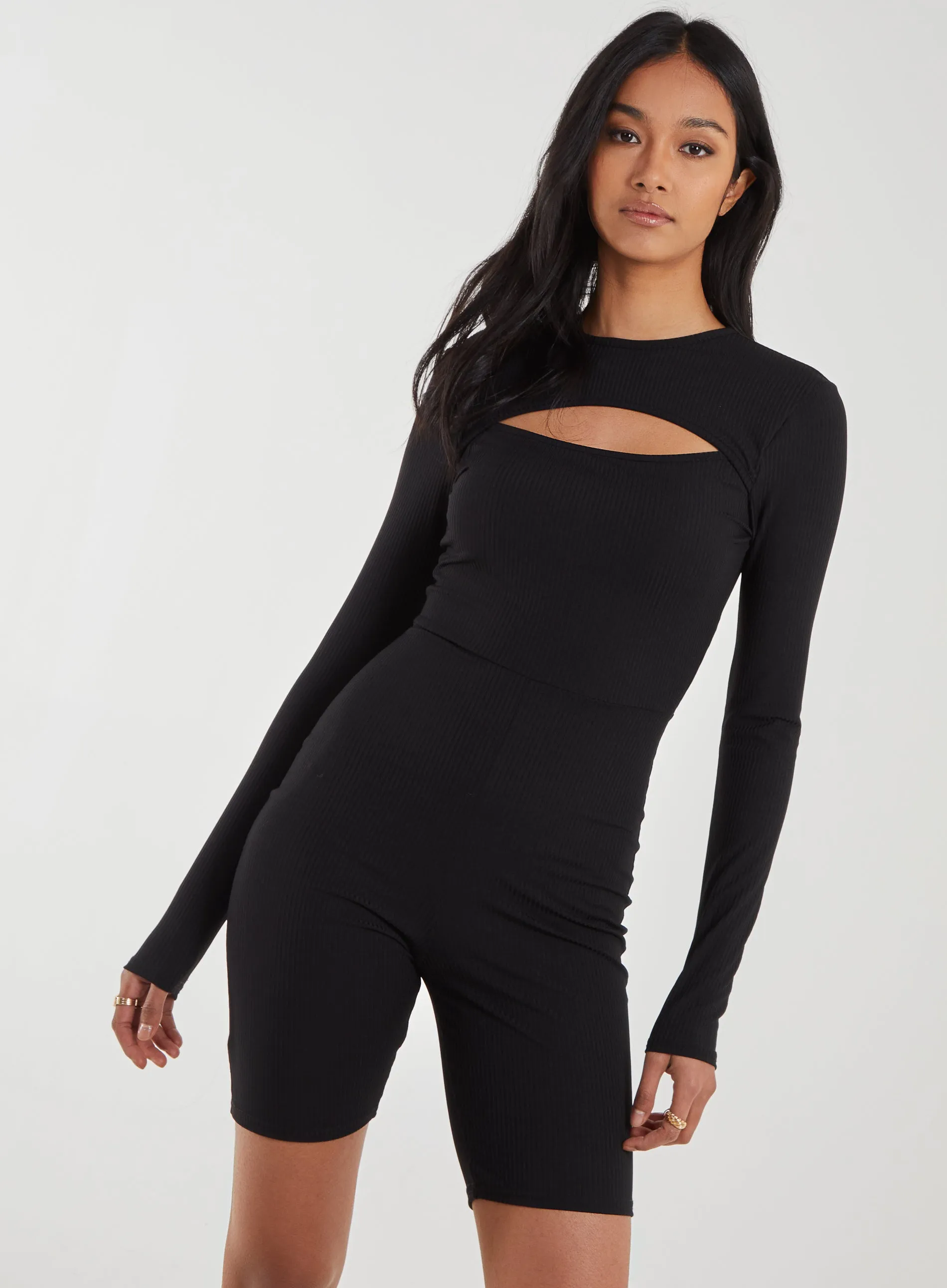 Ribbed Letterbox Long Sleeve Unitard With Cut Out Back