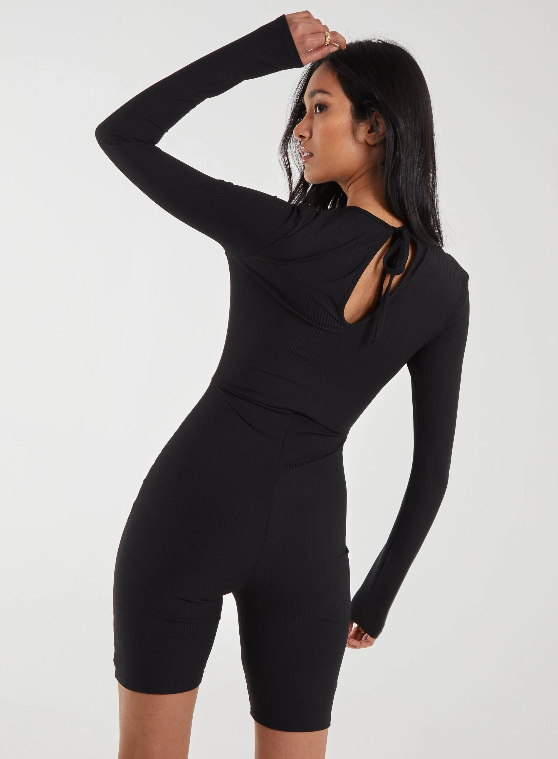 Ribbed Letterbox Long Sleeve Unitard With Cut Out Back