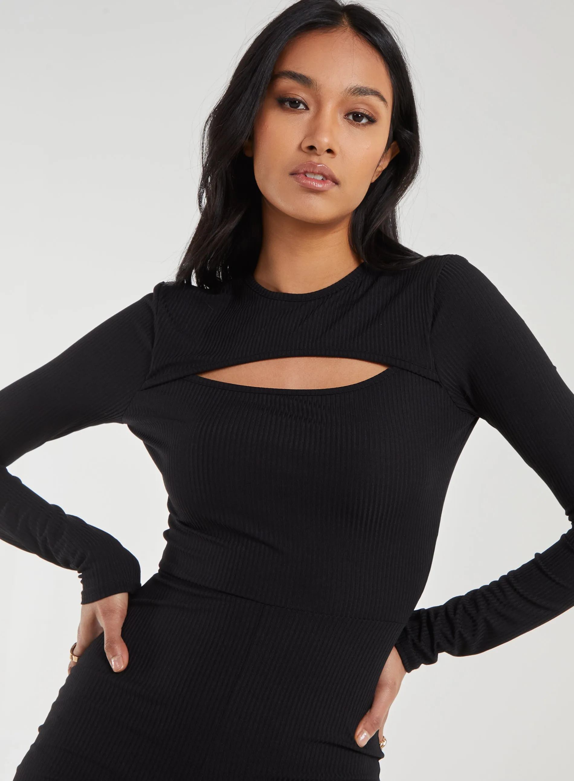 Ribbed Letterbox Long Sleeve Unitard With Cut Out Back