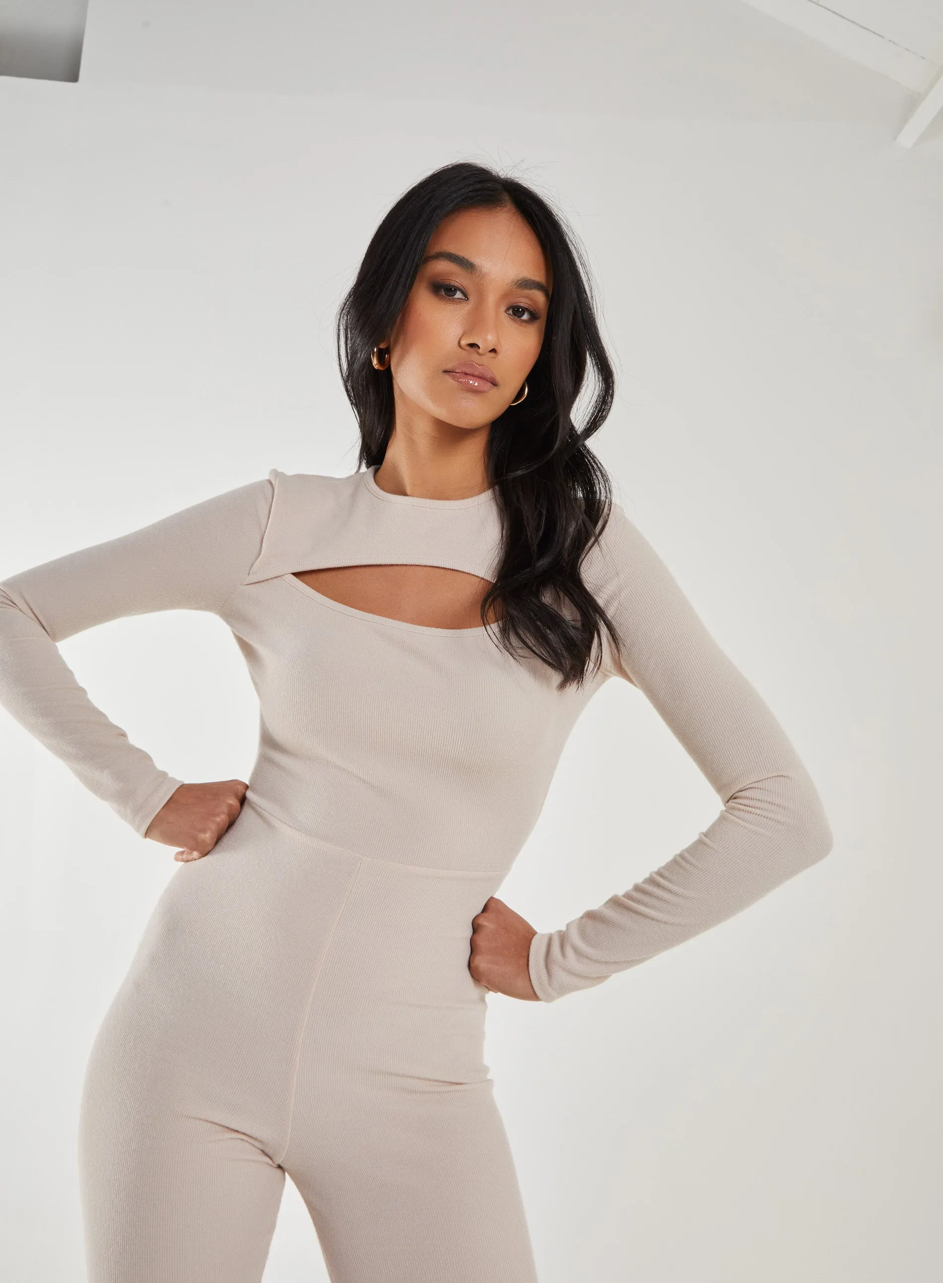 Ribbed Letterbox Long Sleeve Unitard With Cut Out Back