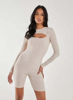 Ribbed Letterbox Long Sleeve Unitard With Cut Out Back